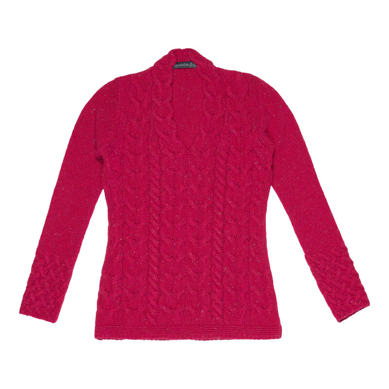 Horseshoe Cable Wool V-Neck Sweater, Berry Colour